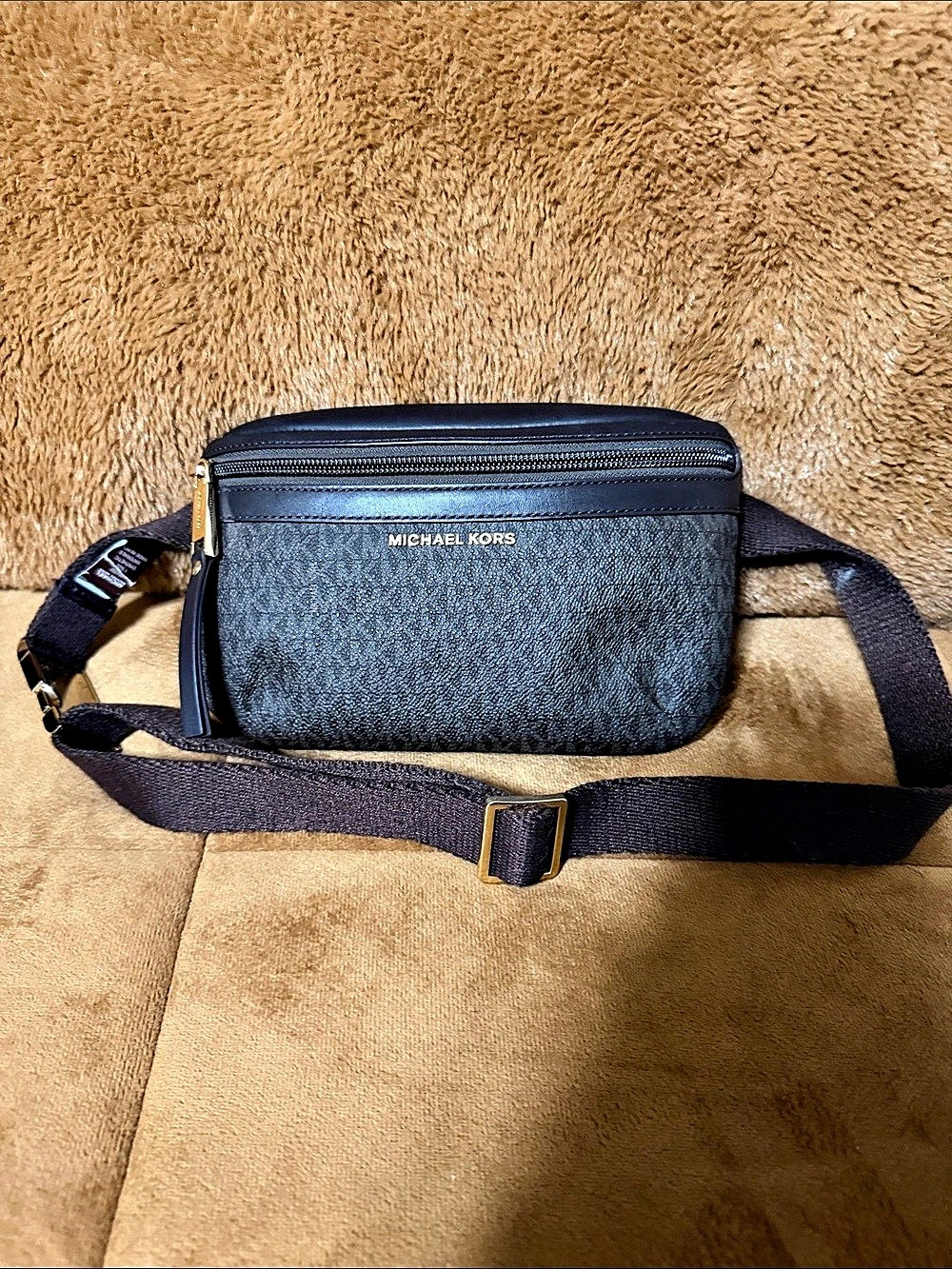 Michael Kors Signature MK Double Zip Belt Bag Fanny Pack Brown Gold